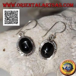 Silver earrings with oval cabochon Black Star (star diopside) and trio of balls on the four cardinal points