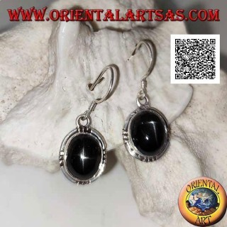 Silberne Ohrringe mit Cabochon-Oval Black Star (Stern-Diopsid) und drei Bällen an den vier Kardinalpunkten
