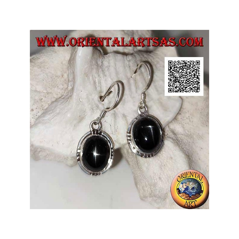 Silver earrings with oval cabochon Black Star (star diopside) and trio of balls on the four cardinal points