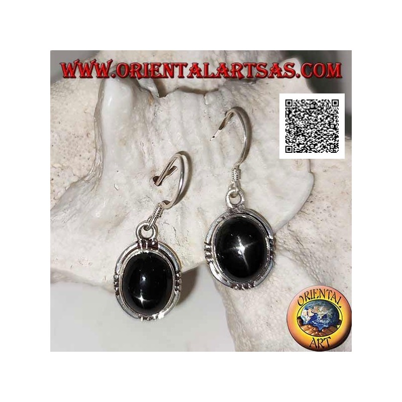 Silver earrings with oval cabochon Black Star (star diopside) and trio of balls on the four cardinal points