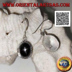Silver earrings with oval cabochon Black Star (star diopside) and trio of balls on the four cardinal points