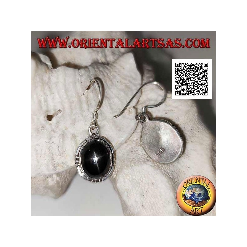 Silver earrings with oval cabochon Black Star (star diopside) and trio of balls on the four cardinal points