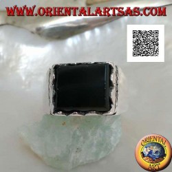 Silver ring with raised rectangular onyx framed and side cord