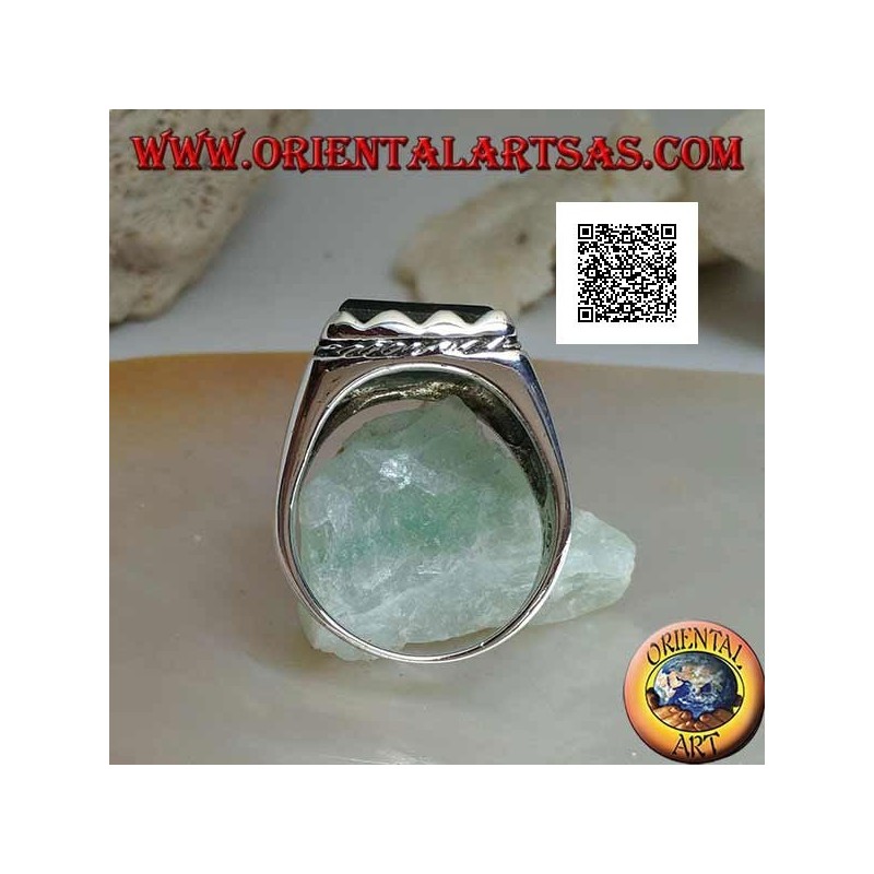 Silver ring with raised rectangular onyx framed and side cord