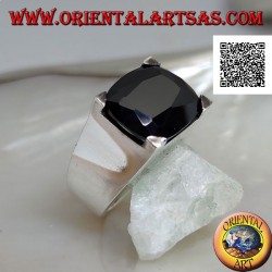 Rhodium silver ring with transverse oval spinel zircon set in a rectangle