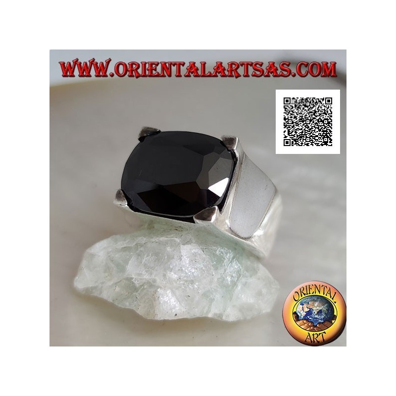 Rhodium silver ring with transverse oval spinel zircon set in a rectangle