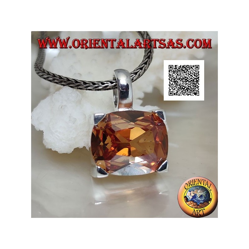 Rhodium silver pendant with transverse oval champagne zircon set in a rectangle