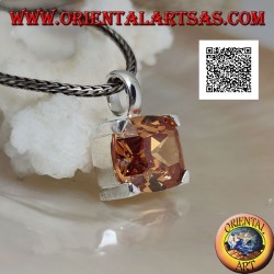 Rhodium silver pendant with transverse oval champagne zircon set in a rectangle