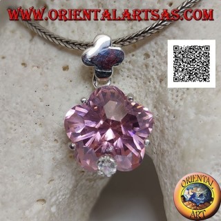 Pendant in rhodium silver with pink zircon in the shape of a roundish star set and small white zircon