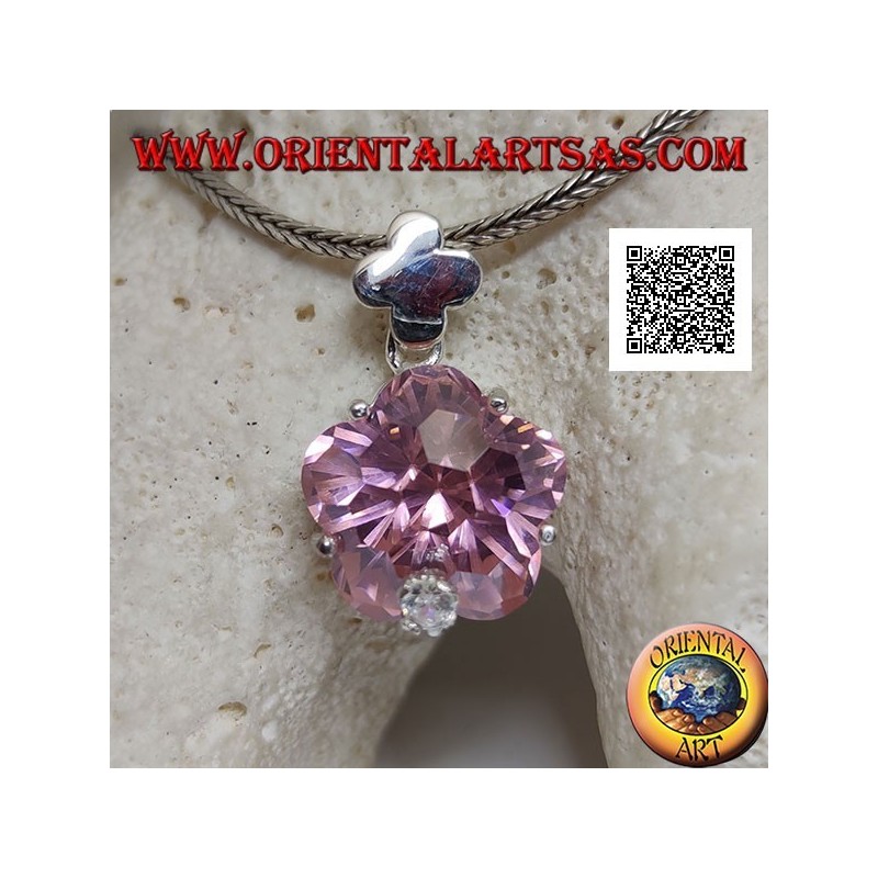 Pendentif en argent rhodié avec zircon rose en forme d'étoile arrondie sertie et petit zircon blanc