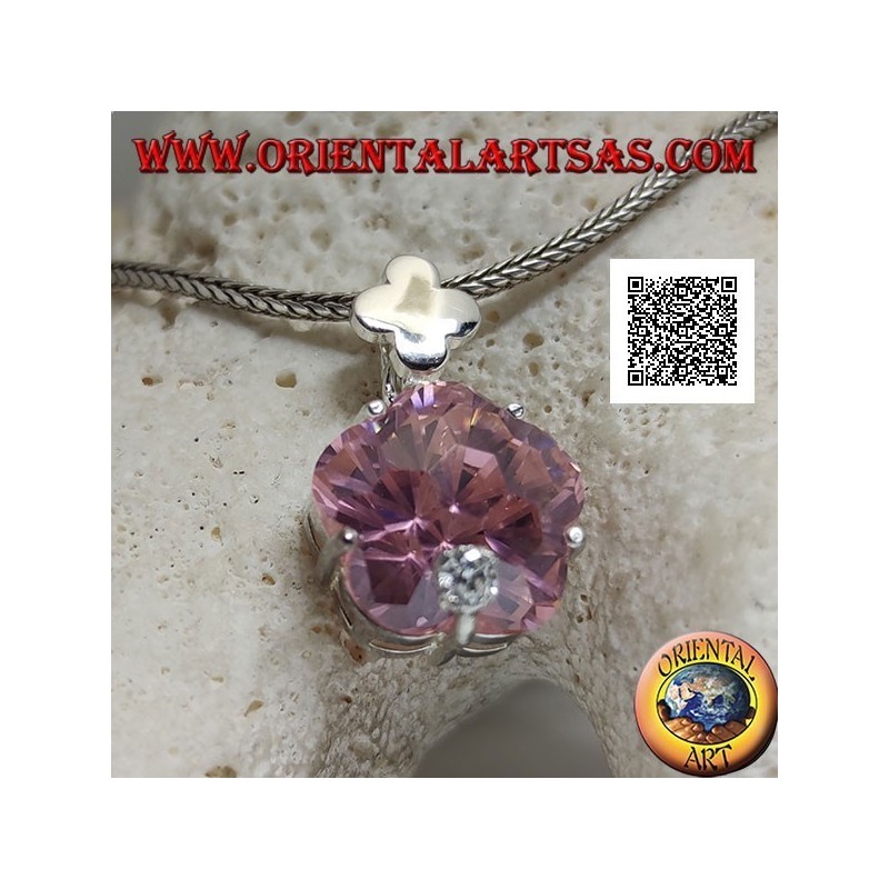 Ciondolo in argento rodiato con zircone rosa a forma di stella tondeggiante incastonato e zircone bianco piccolo