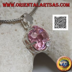 Pendant in rhodium silver with pink zircon in the shape of a roundish star set and small white zircon
