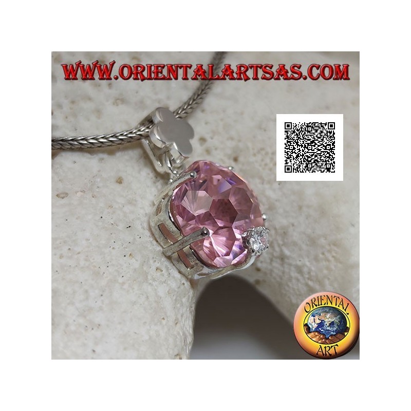 Pendentif en argent rhodié avec zircon rose en forme d'étoile arrondie sertie et petit zircon blanc