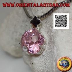 Pendentif en argent rhodié avec zircon rose en forme d'étoile arrondie sertie et petit zircon blanc