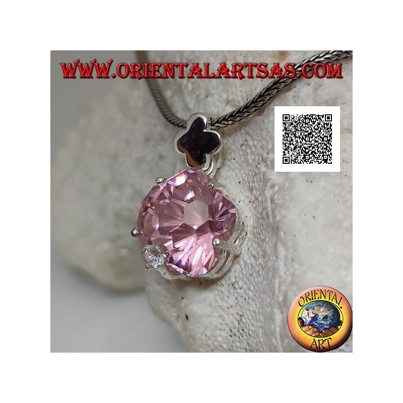 Ciondolo in argento rodiato con zircone rosa a forma di stella tondeggiante incastonato e zircone bianco piccolo