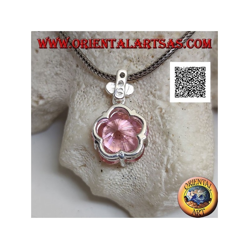 Colgante en plata rodiada con circonita rosa en forma de estrella redonda y circonita blanca pequeña