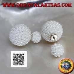 Silver earrings with spherical lobe studded with white beads (Dior style)