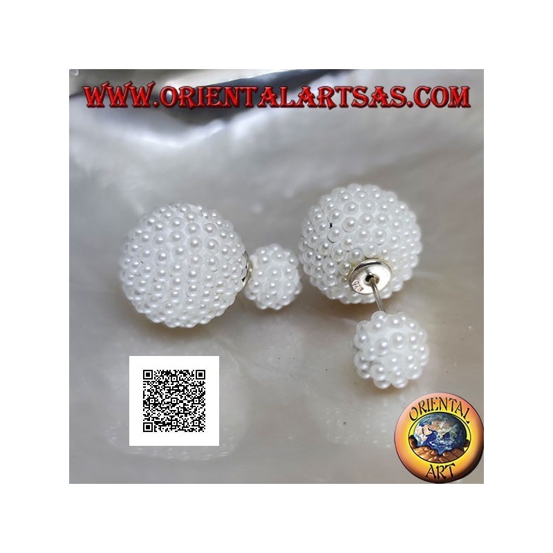 Silver earrings with spherical lobe studded with white beads (Dior style)