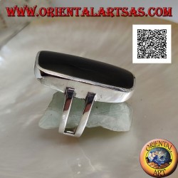 Silver ring with large rectangular beveled onyx on smooth frame with lateral opening