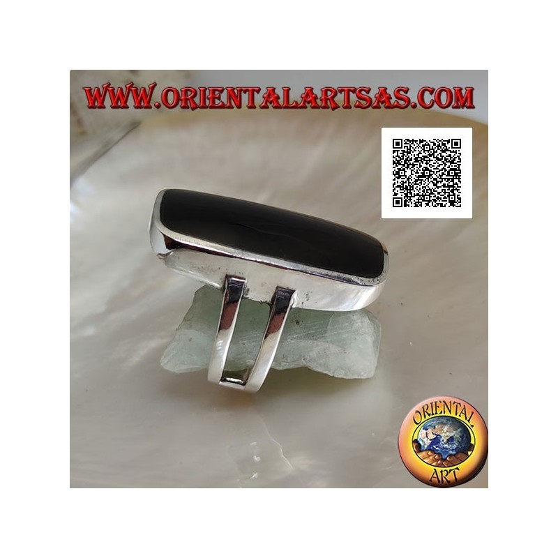 Silver ring with large rectangular beveled onyx on smooth frame with lateral opening