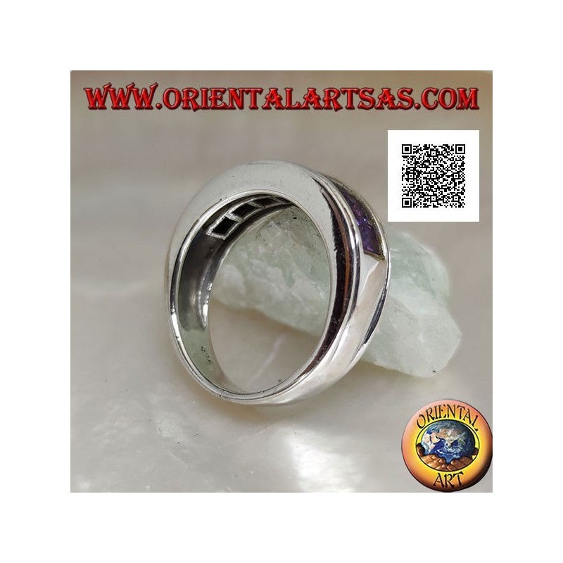 Silver ring with rhodium-plated band with a row of amethyst-colored square zircons