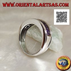 Silver ring with rhodium-plated band with a row of amethyst-colored square zircons