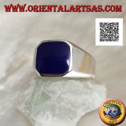 Silver ring with beveled square blue agate flush with the edge on a smooth setting