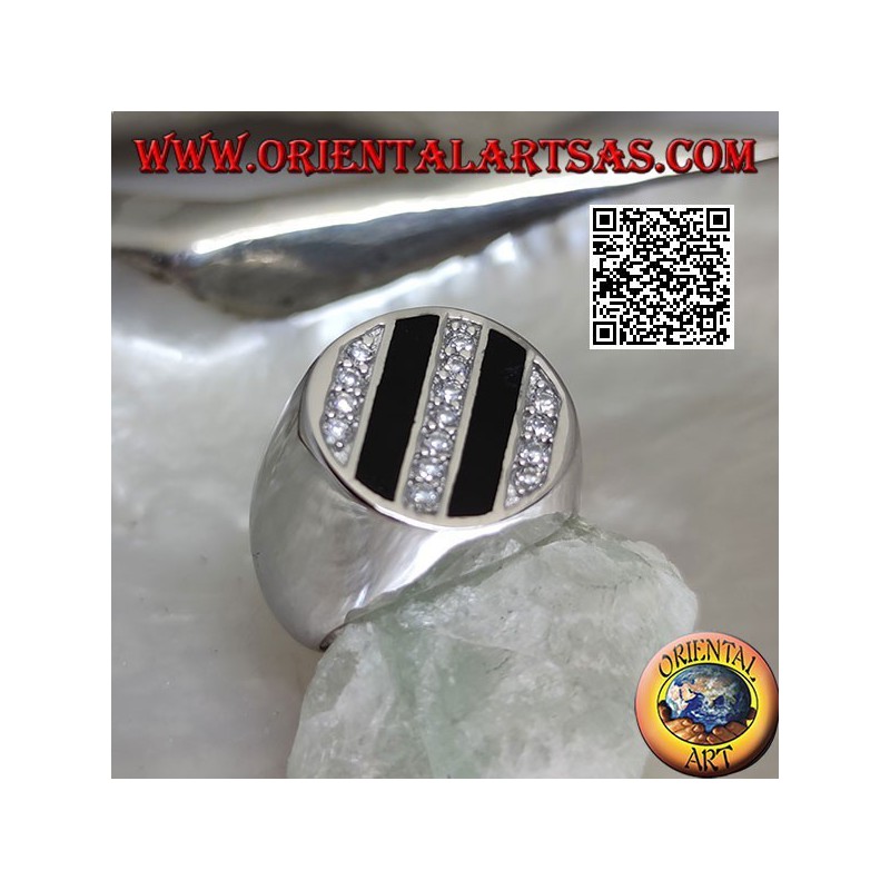 Bague ronde en argent avec rangées obliques d'onyx et zircons blancs ronds