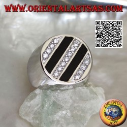 Round silver ring with oblique rows of onyx and round white zircons