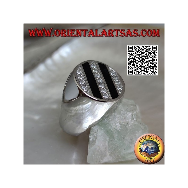 Round silver ring with oblique rows of onyx and round white zircons
