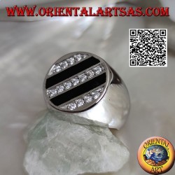 Round silver ring with oblique rows of onyx and round white zircons