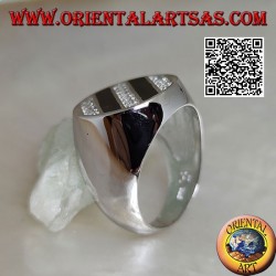 Round silver ring with oblique rows of onyx and round white zircons