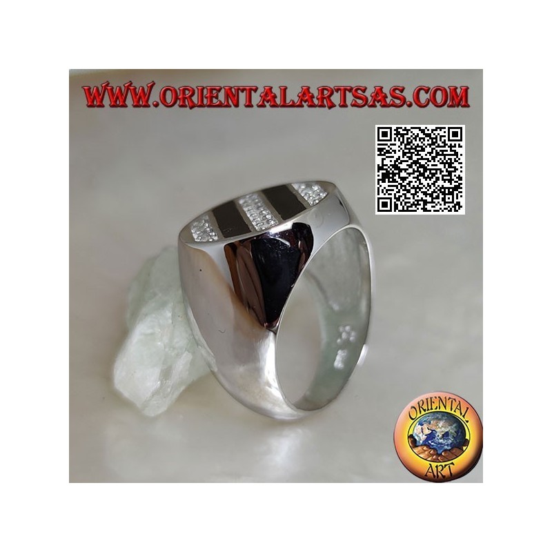 Round silver ring with oblique rows of onyx and round white zircons