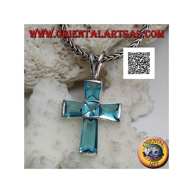 Pendentif croix topaze bleue en argent serti de bras taille baguette et centre carré