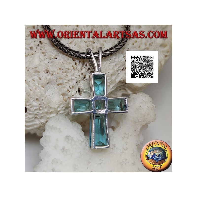Silver blue topaz cross pendant set with baguette cut arms and square center