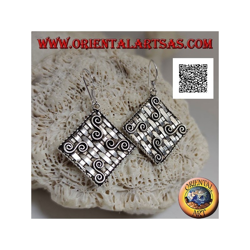 Silver pendant earrings with interwoven rhombus (straw style) with four Greek motifs