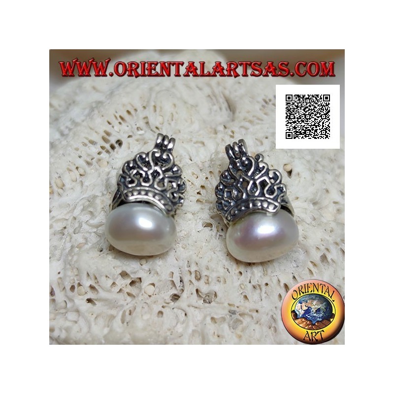 Pendientes de palanca de plata con perla de agua dulce blanca coronada