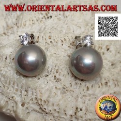 Silver lobe earrings with gray freshwater pearl and white zircon set