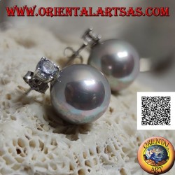 Boucles d'oreilles lobe en argent avec perle d'eau douce grise et zircon blanc