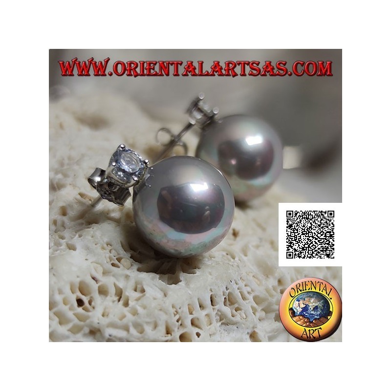 Boucles d'oreilles lobe en argent avec perle d'eau douce grise et zircon blanc