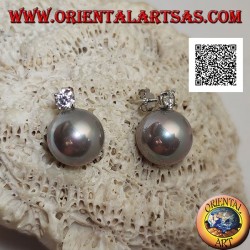 Boucles d'oreilles lobe en argent avec perle d'eau douce grise et zircon blanc