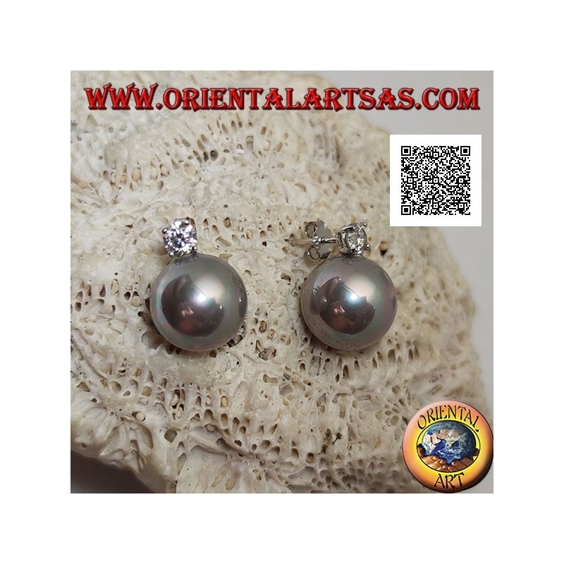 Pendientes lóbulos de plata con perla gris de agua dulce y circonita blanca engastada