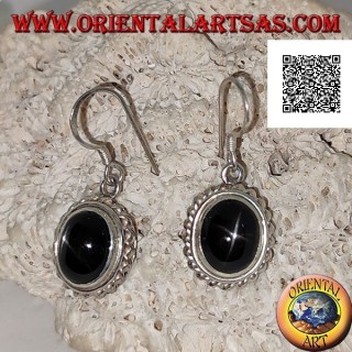 Silver earrings with cabochon oval Black Star (star diopside) and helical edge