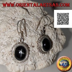 Silver earrings with cabochon oval Black Star (star diopside) and helical edge