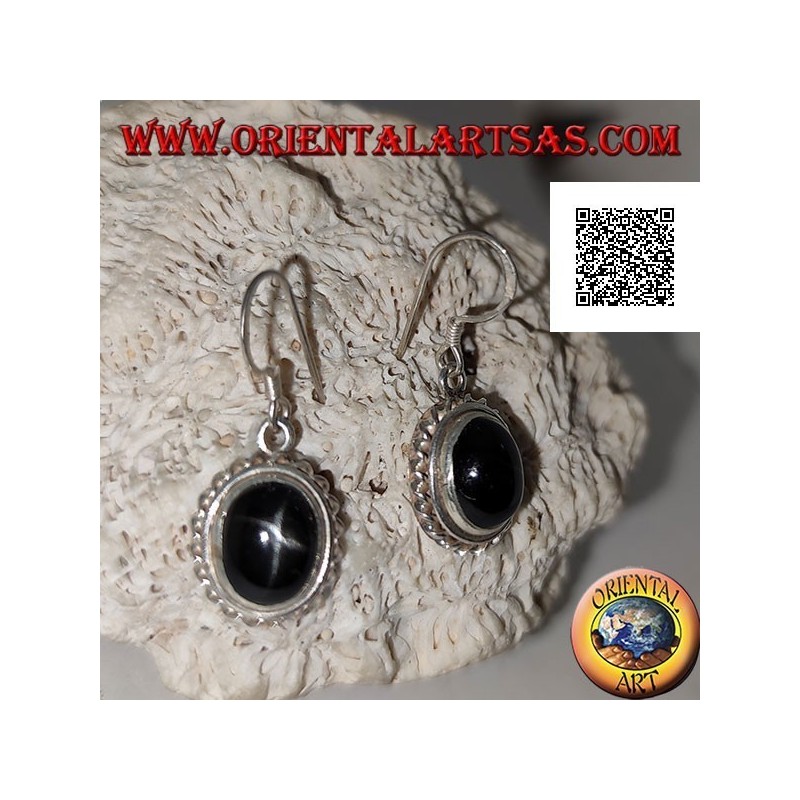 Silver earrings with cabochon oval Black Star (star diopside) and helical edge