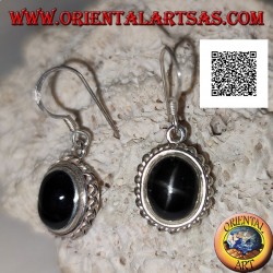 Silver earrings with cabochon oval Black Star (star diopside) and helical edge