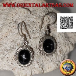 Silver earrings with cabochon oval Black Star (star diopside) and helical edge