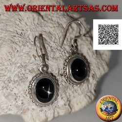 Silver earrings with cabochon oval Black Star (star diopside) and helical edge