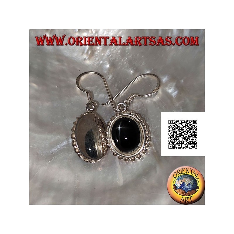 Silver earrings with cabochon oval Black Star (star diopside) and helical edge