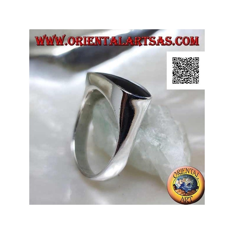 Silver ring with elongated oval onyx perforated flush with the edge on a smooth frame